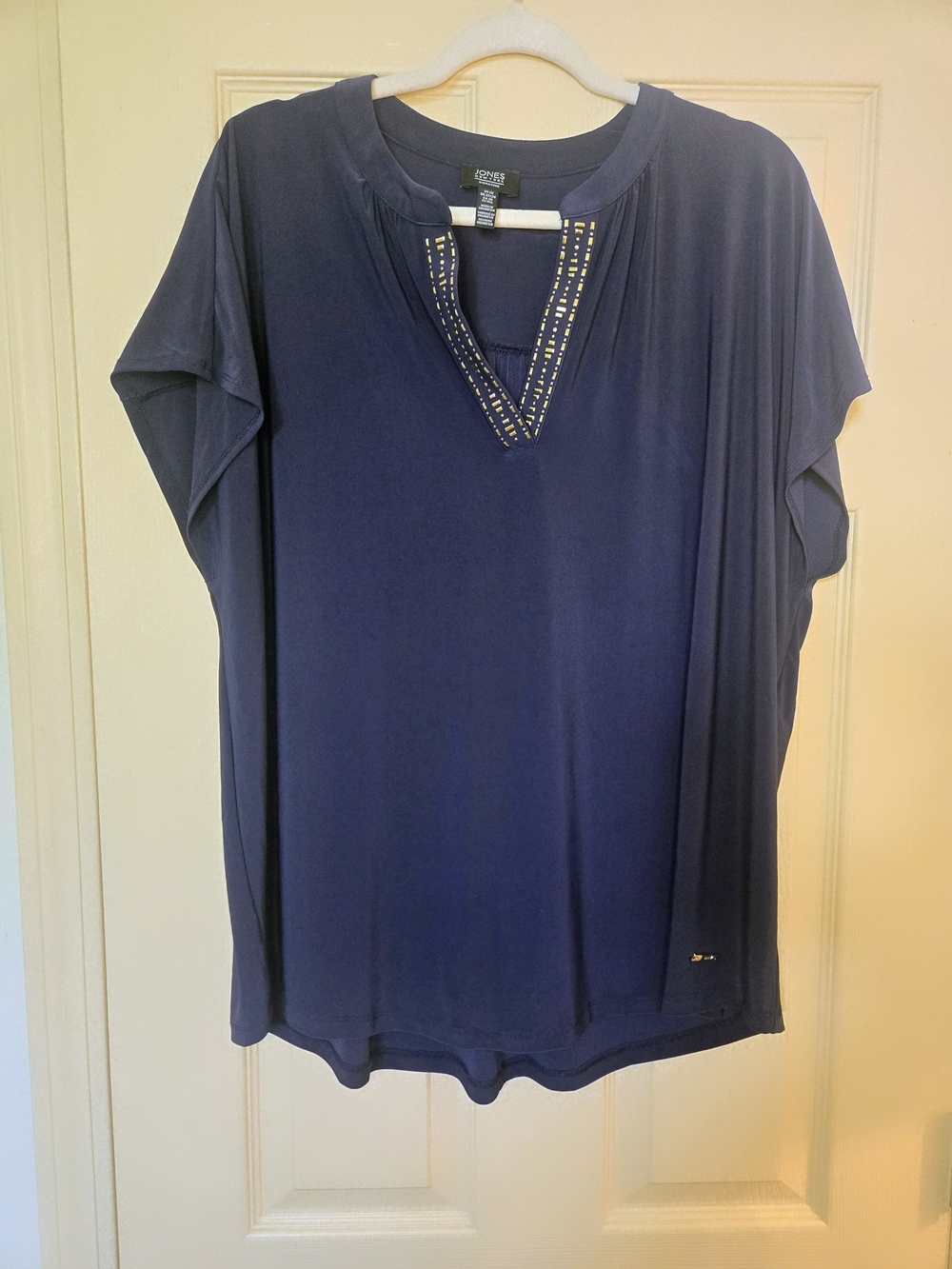 Jones New York Navy Short Sleeve Tunic with Embellished V-Neck